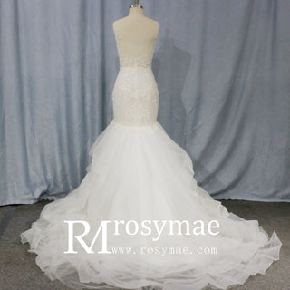 Illusion Trumpet V Neck Wedding Dress with Tank Straps - Rosymae