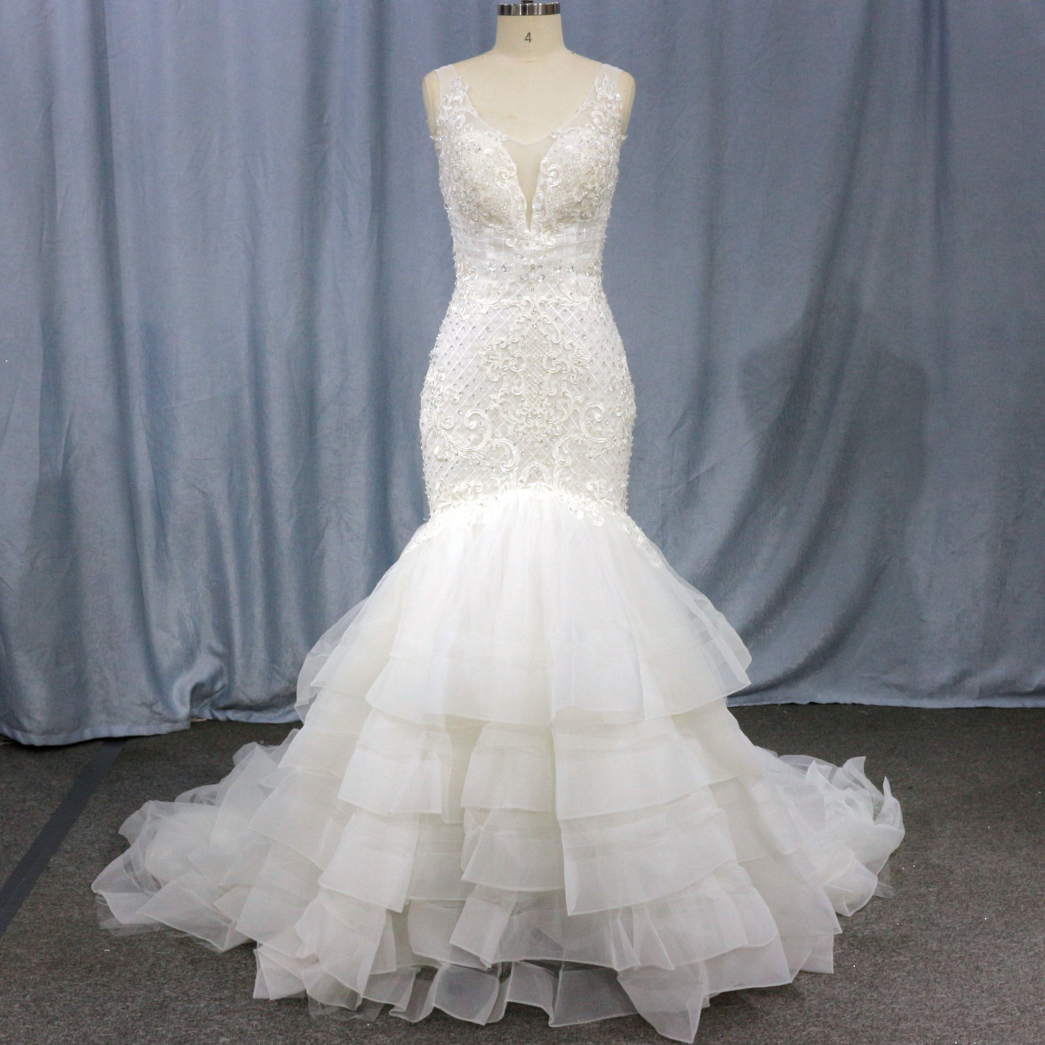 Illusion Trumpet V Neck Wedding Dress with Tank Straps - Rosymae