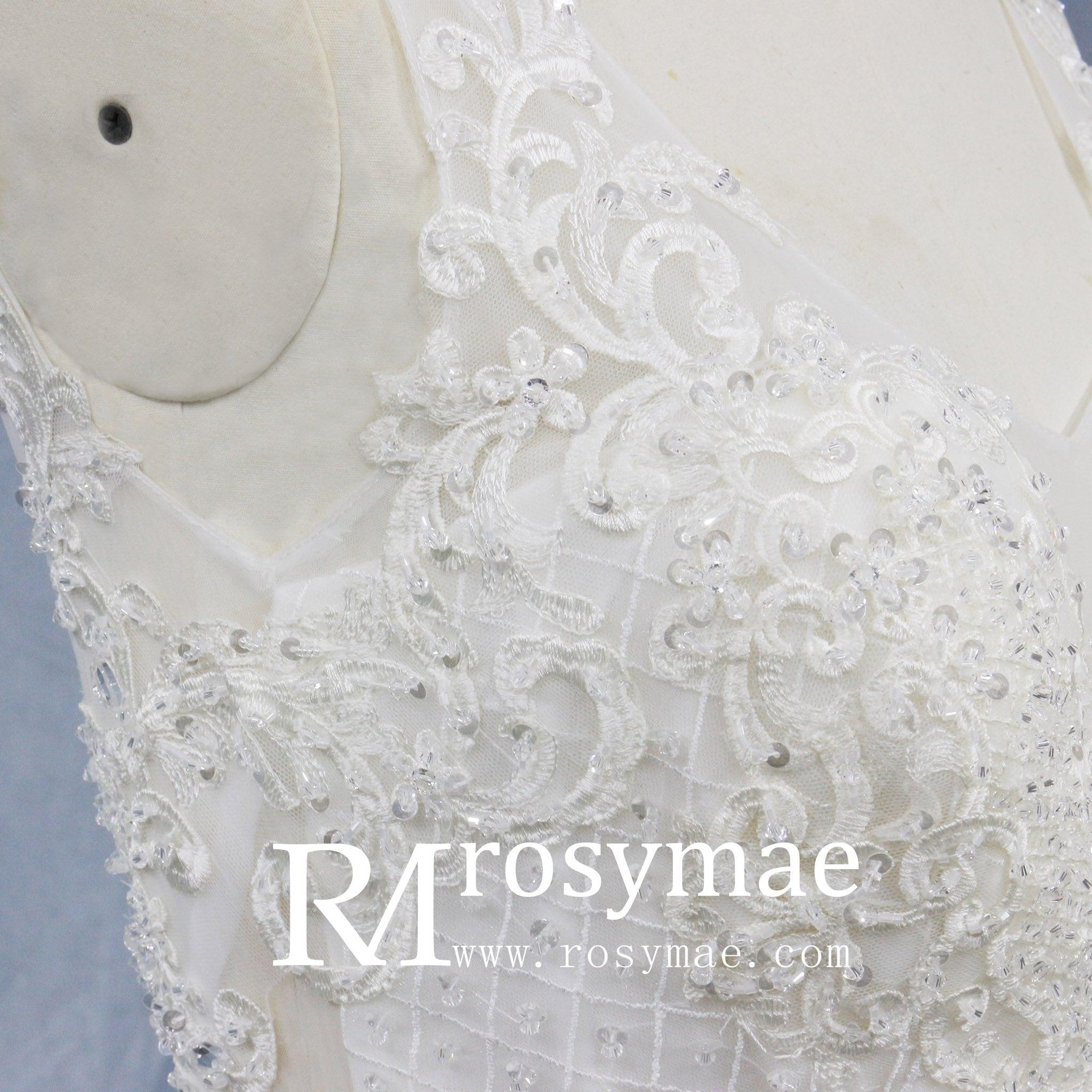 Illusion Trumpet V Neck Wedding Dress with Tank Straps - Rosymae