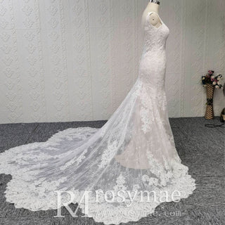 Incredible Plunging V-neck Low Back Lace Trumpet Wedding Dress - Rosymae