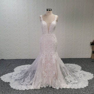 Incredible Plunging V-neck Low Back Lace Trumpet Wedding Dress - Rosymae