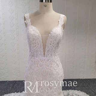 Incredible Plunging V-neck Low Back Lace Trumpet Wedding Dress - Rosymae