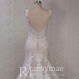 Incredible Plunging V-neck Low Back Lace Trumpet Wedding Dress - Rosymae