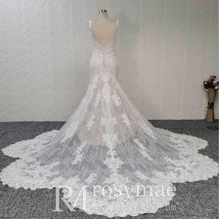 Incredible Plunging V-neck Low Back Lace Trumpet Wedding Dress - Rosymae