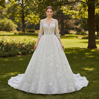 Sheer Neck with Long Sleeve A-line Simple Lace Wedding Dress Champagne / 2 Sheer Neck with Long Sleeve A-line Simple Lace Wedding Dress Champagne / 2