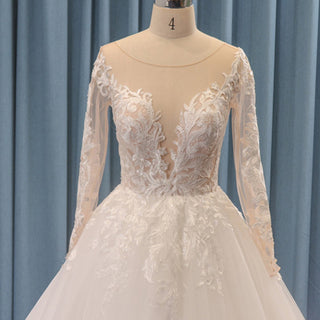 Ivory A-line Long Sleeve Tulle Wedding Dress Sheer Bodice - Rosymae