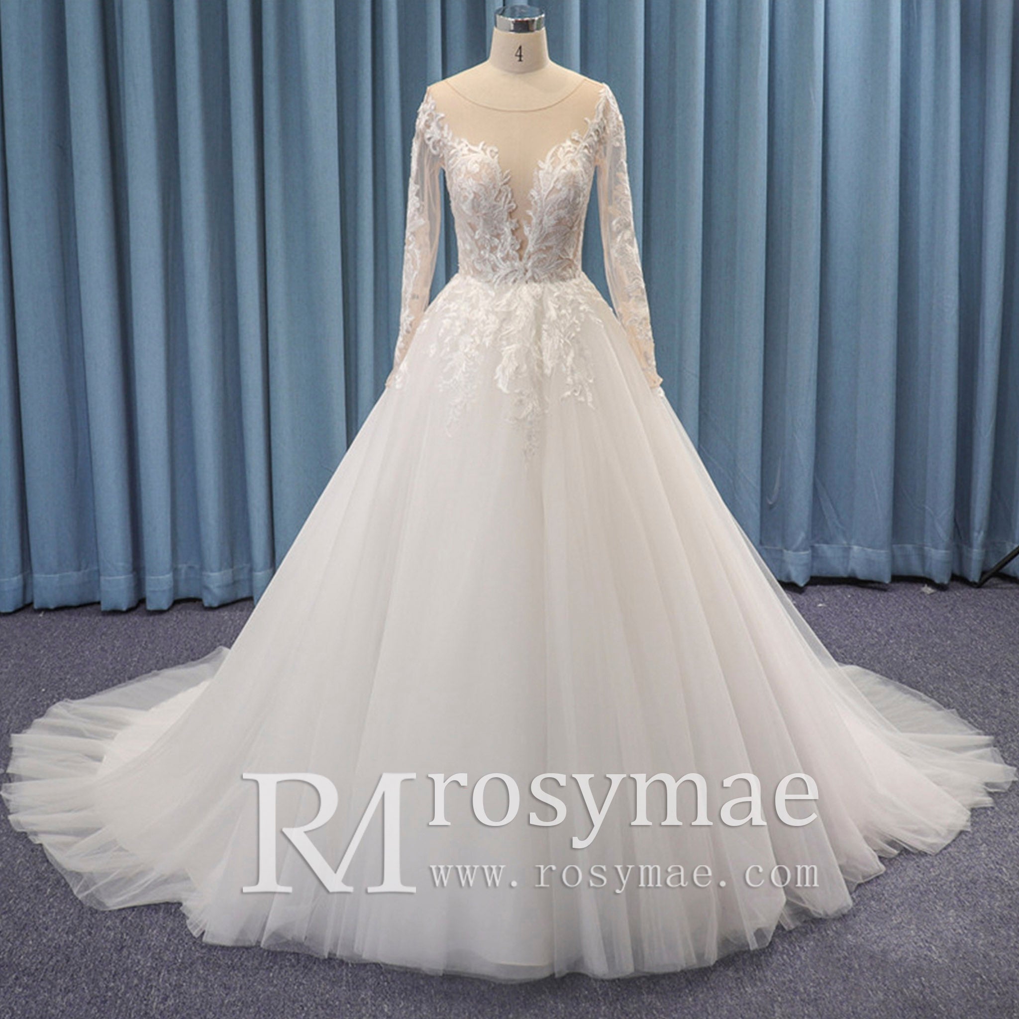 Ivory A-line Long Sleeve Tulle Wedding Dress Sheer Bodice - Rosymae