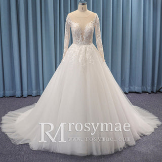 Ivory A-line Long Sleeve Tulle Wedding Dress Sheer Bodice - Rosymae