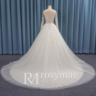 Ivory A-line Long Sleeve Tulle Wedding Dress Sheer Bodice - Rosymae