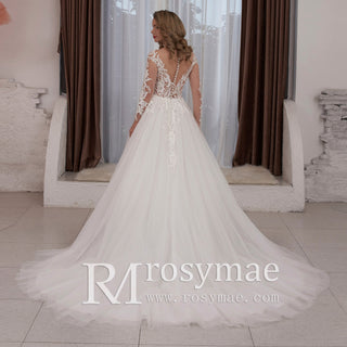 Ivory A-line Long Sleeve Tulle Wedding Dress Sheer Bodice - Rosymae