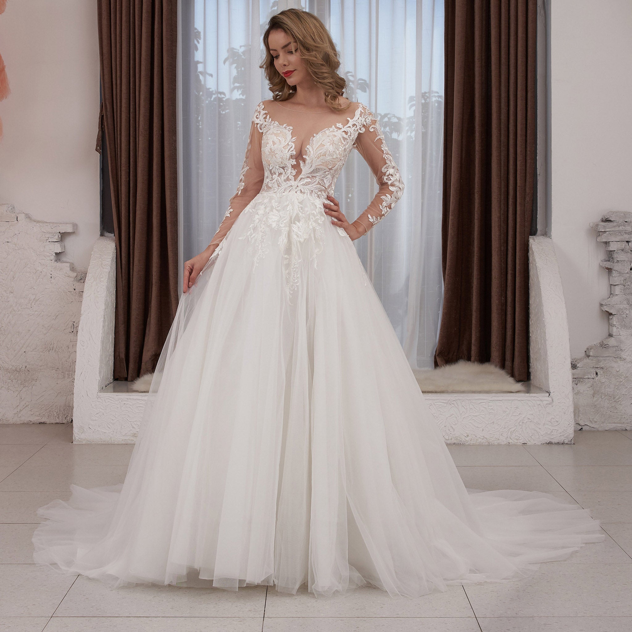 Ivory A-line Long Sleeve Tulle Wedding Dress Sheer Bodice - Rosymae