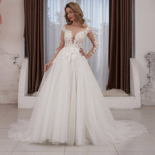 Ivory A-line Long Sleeve Tulle Wedding Dress Sheer Bodice - Rosymae