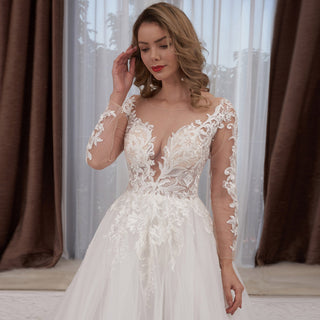 Ivory A-line Long Sleeve Tulle Wedding Dress Sheer Bodice - Rosymae