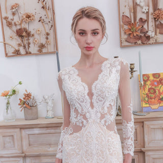 Keyhole Back Long Sleeve Low V Neck Mermaid Wedding Dress - Rosymae