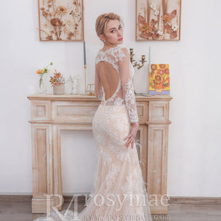 Keyhole Back Long Sleeve Low V Neck Mermaid Wedding Dress - Rosymae