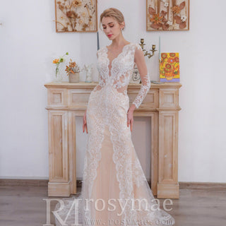 Keyhole Back Long Sleeve Low V Neck Mermaid Wedding Dress - Rosymae