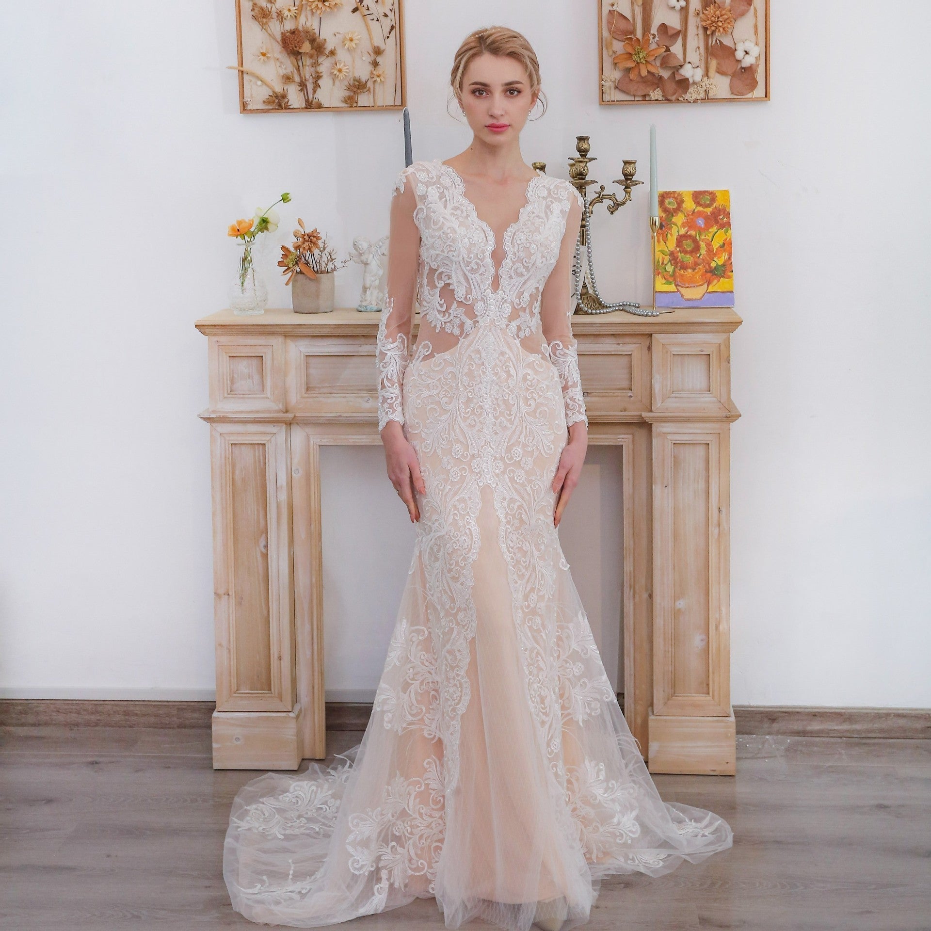 Keyhole Back Long Sleeve Low V Neck Mermaid Wedding Dress - Rosymae