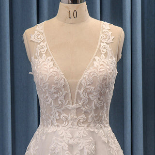 Keyhole Back Plunging V-neck Tulle Lace A-line Wedding Dress
