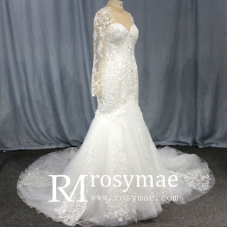Keyhole Back Trumpet O-neck Wedding Dress With Long Sleeves - Rosymae