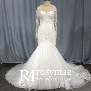 Keyhole Back Trumpet O-neck Wedding Dress With Long Sleeves - Rosymae