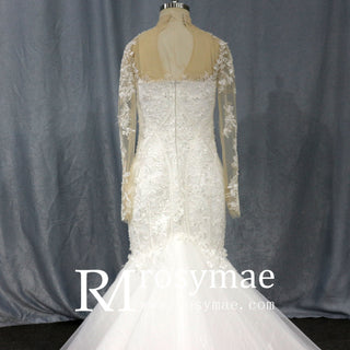 Keyhole Back Trumpet O-neck Wedding Dress With Long Sleeves - Rosymae