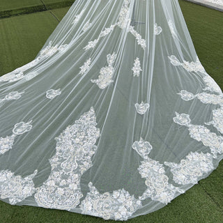 Lace Applique Long Bridal Wedding Dress Head Veil - Rosymae