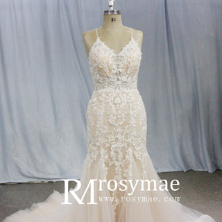 Lace Applique Spaghetti Strap Champagne Mermaid Wedding Dress - Rosymae