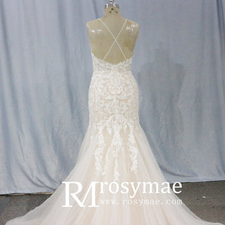 Lace Applique Spaghetti Strap Champagne Mermaid Wedding Dress - Rosymae