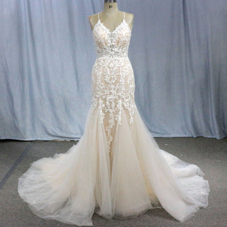 Lace Applique Spaghetti Strap Champagne Mermaid Wedding Dress - Rosymae