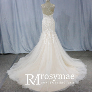 Lace Applique Spaghetti Strap Champagne Mermaid Wedding Dress - Rosymae