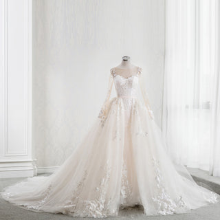 Sheer Long Sleeve Wedding Dress Bridal Gown with Detachable Train