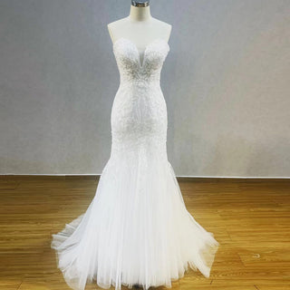 Lace Appliques Sheer Back Mermaid Wedding Dress - Rosymae