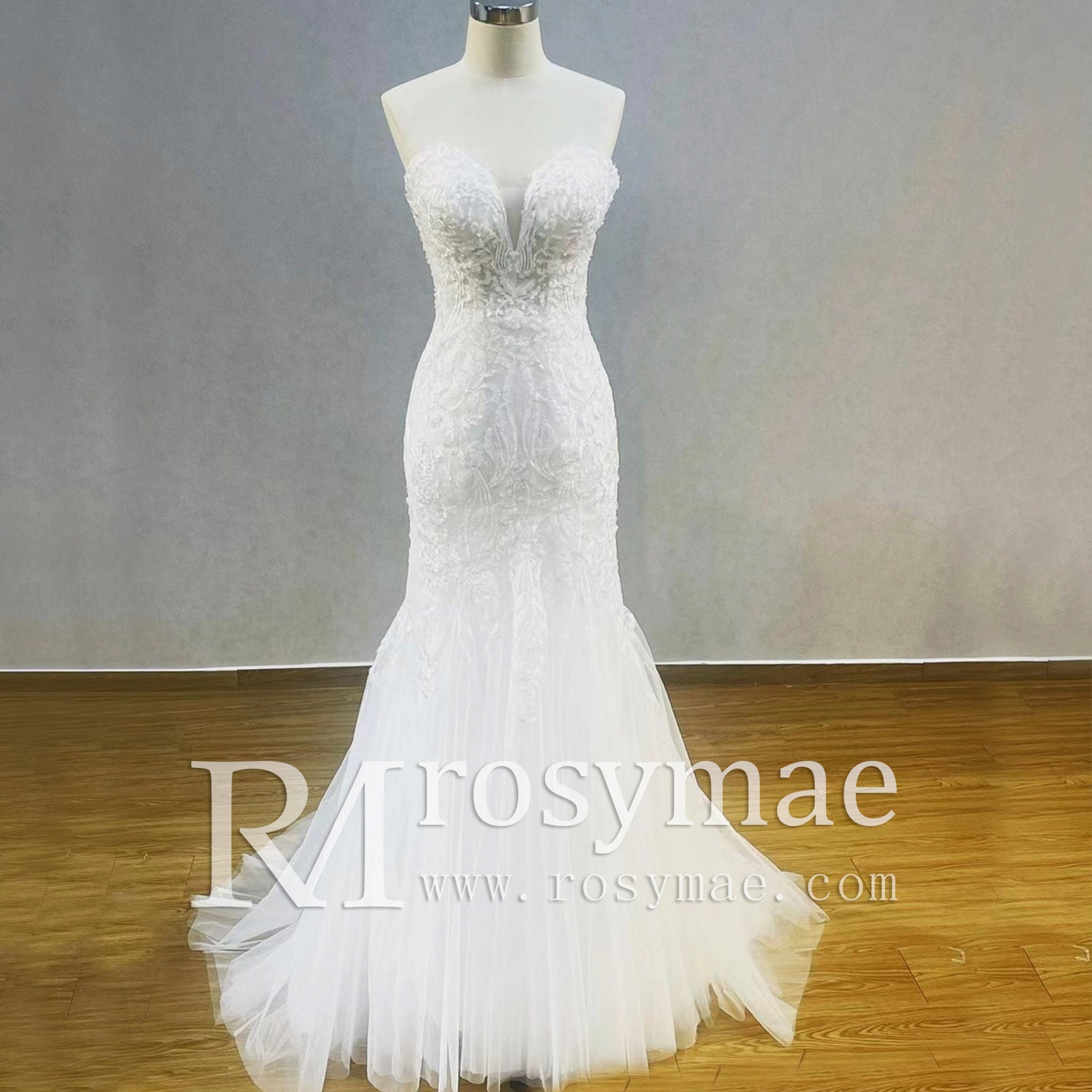 Lace Appliques Sheer Back Mermaid Wedding Dress - Rosymae