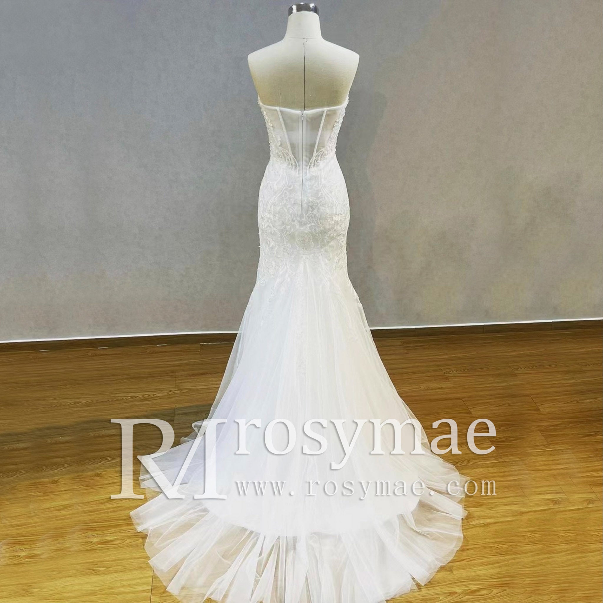 Lace Appliques Sheer Back Mermaid Wedding Dress - Rosymae