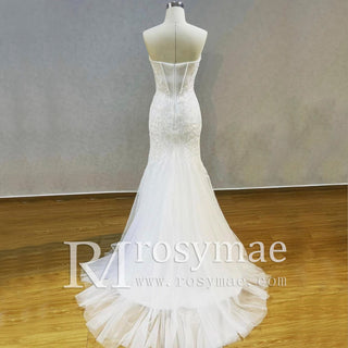 Lace Appliques Sheer Back Mermaid Wedding Dress - Rosymae