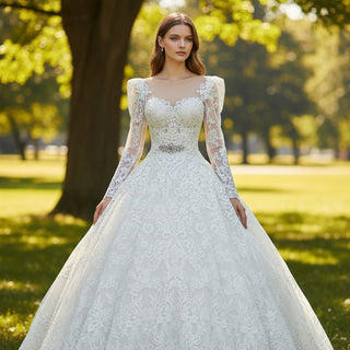 Lace Ball Gown Lace Wedding Dresses with Long Puffy Sleeves - Rosymae