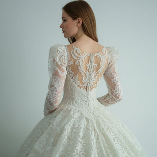 Lace Ball Gown Lace Wedding Dresses with Long Puffy Sleeves - Rosymae