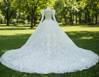 Lace Ball Gown Lace Wedding Dresses with Long Puffy Sleeves - Rosymae