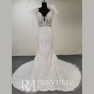 Lace Fit Flare Sheer Bodice Low Back Wedding Dress with Puffy Sleeve - Rosymae