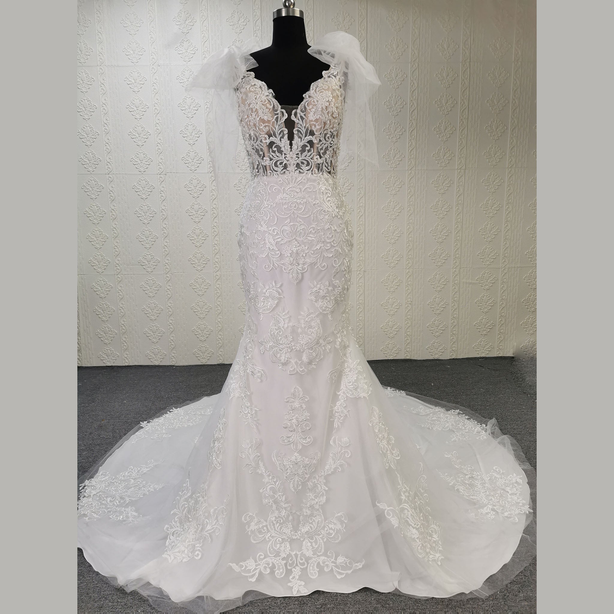 Lace Fit Flare Sheer Bodice Low Back Wedding Dress with Puffy Sleeve - Rosymae