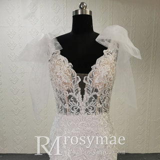 Lace Fit Flare Sheer Bodice Low Back Wedding Dress with Puffy Sleeve - Rosymae