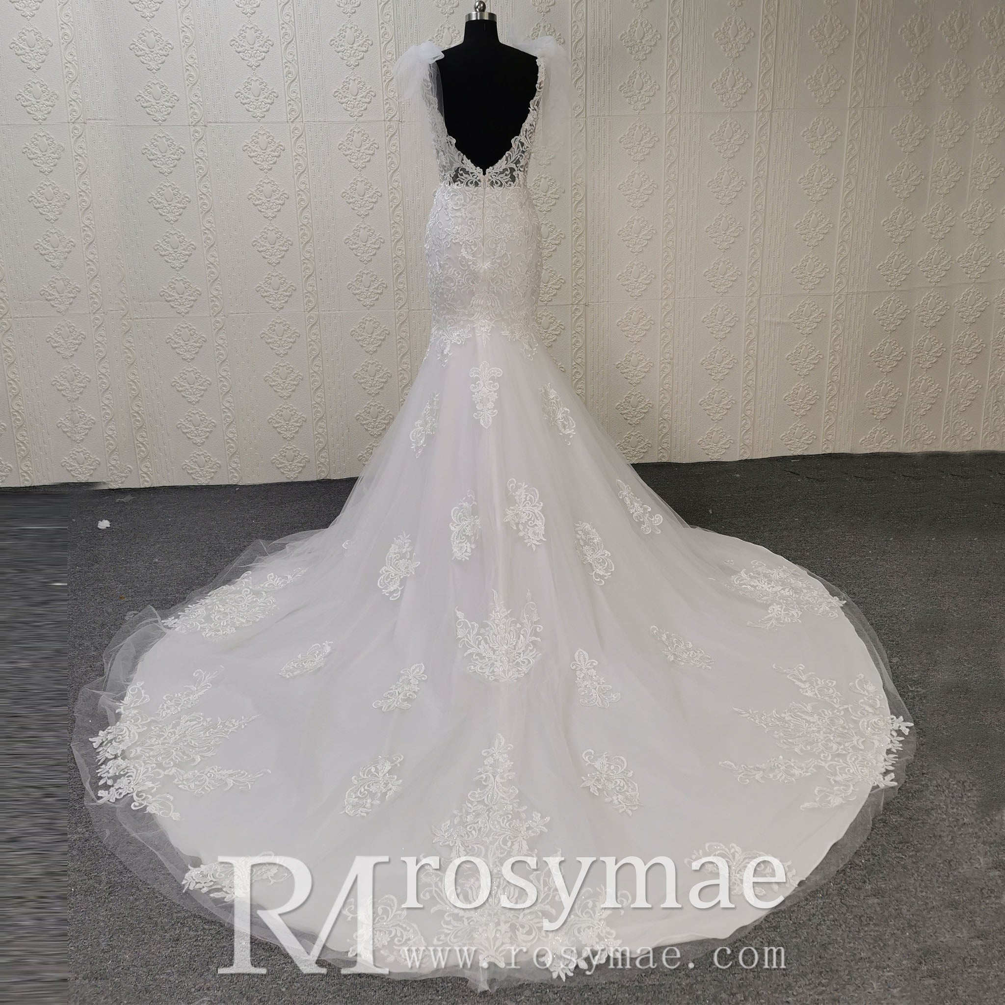 Lace Fit Flare Sheer Bodice Low Back Wedding Dress with Puffy Sleeve - Rosymae