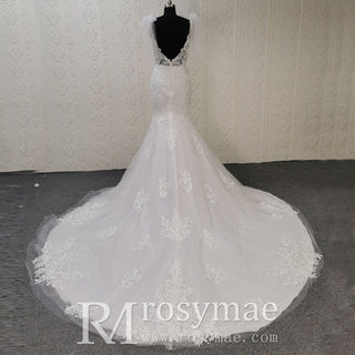 Lace Fit Flare Sheer Bodice Low Back Wedding Dress with Puffy Sleeve - Rosymae