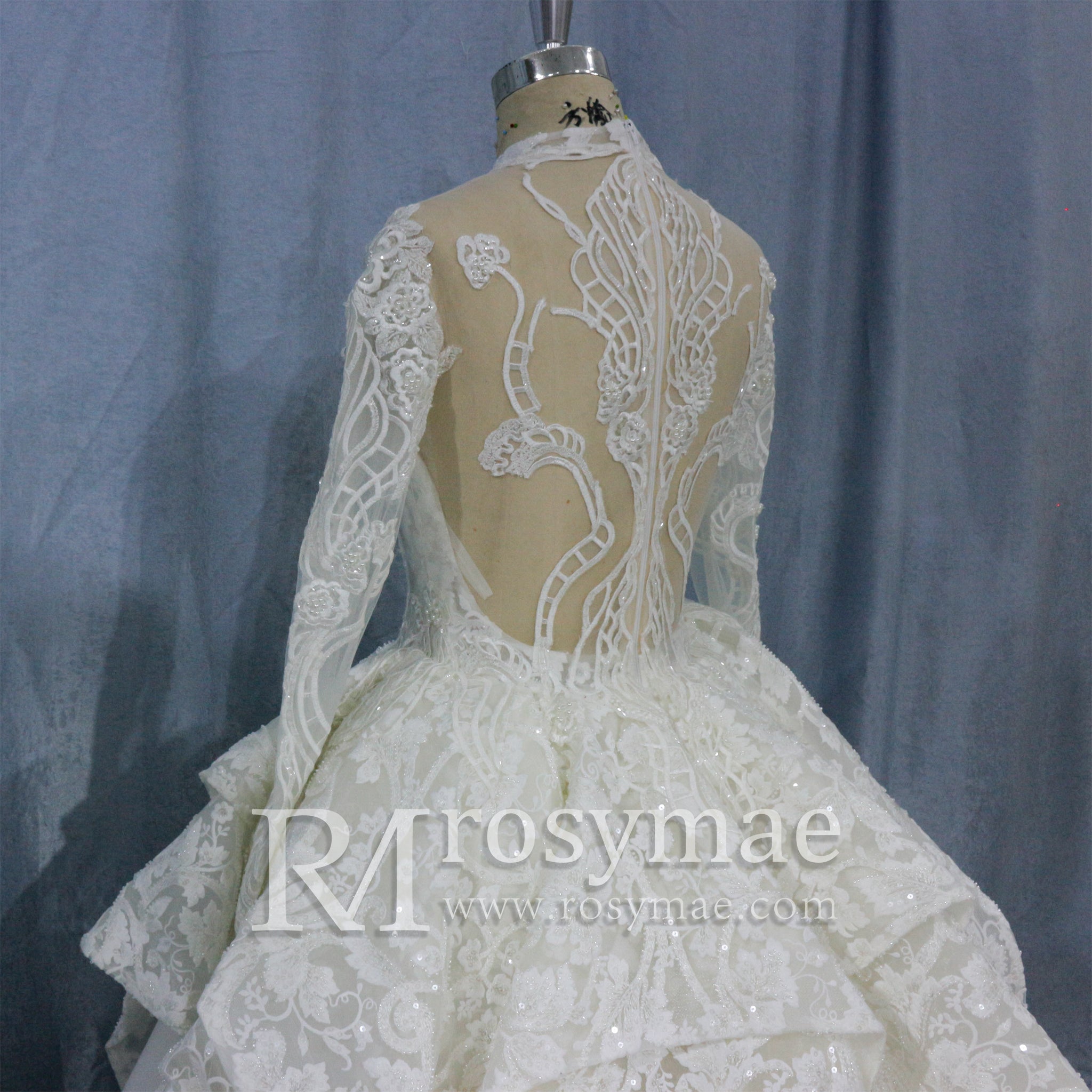 Lace Long Sleeves High Neck Ball Gown Wedding Dress - Rosymae