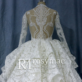 Lace Long Sleeves High Neck Ball Gown Wedding Dress - Rosymae