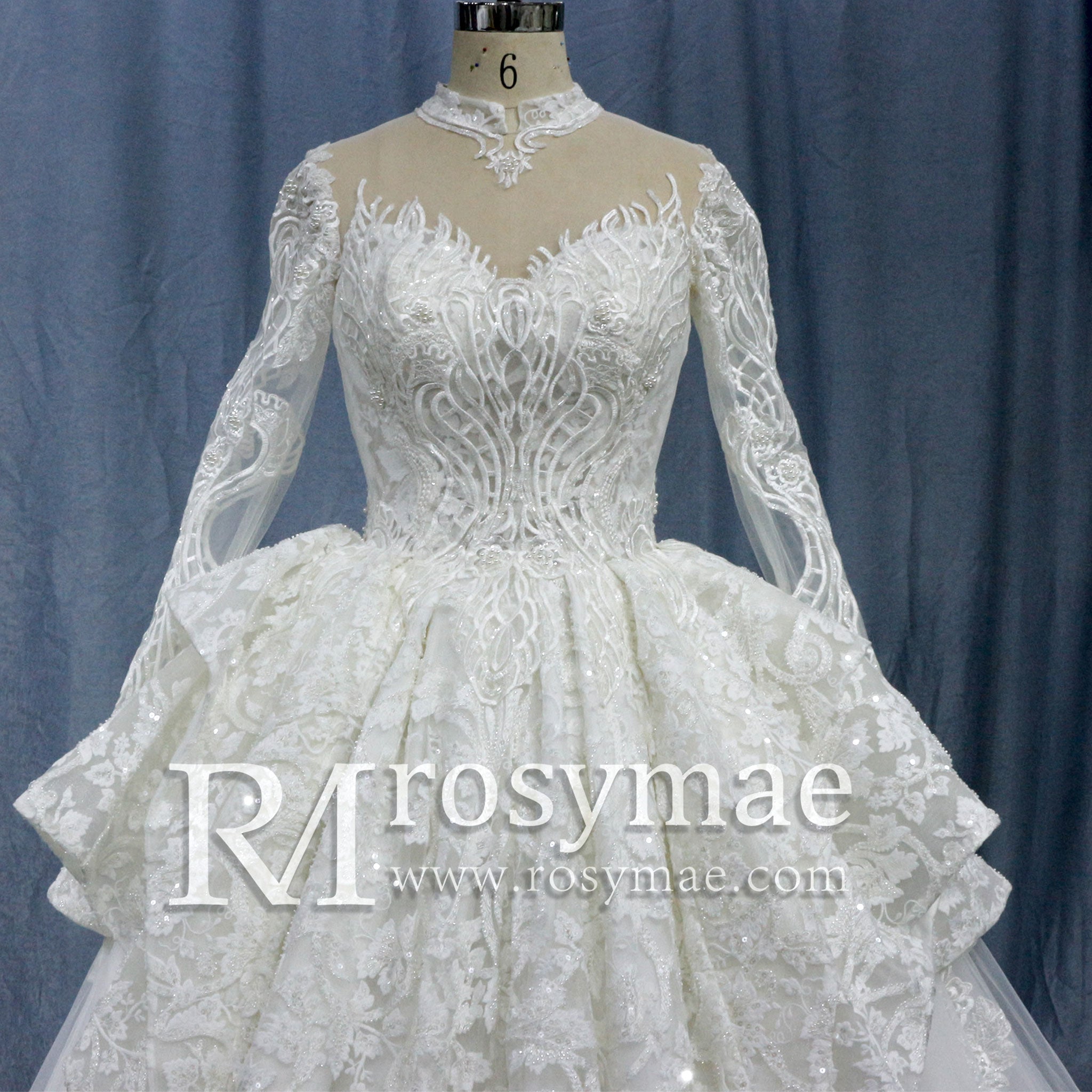 Lace Long Sleeves High Neck Ball Gown Wedding Dress - Rosymae