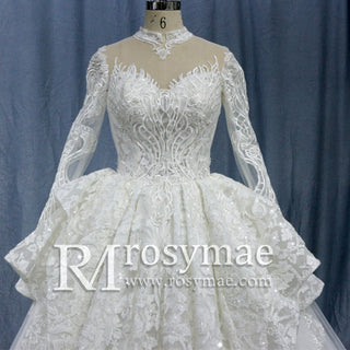Lace Long Sleeves High Neck Ball Gown Wedding Dress - Rosymae