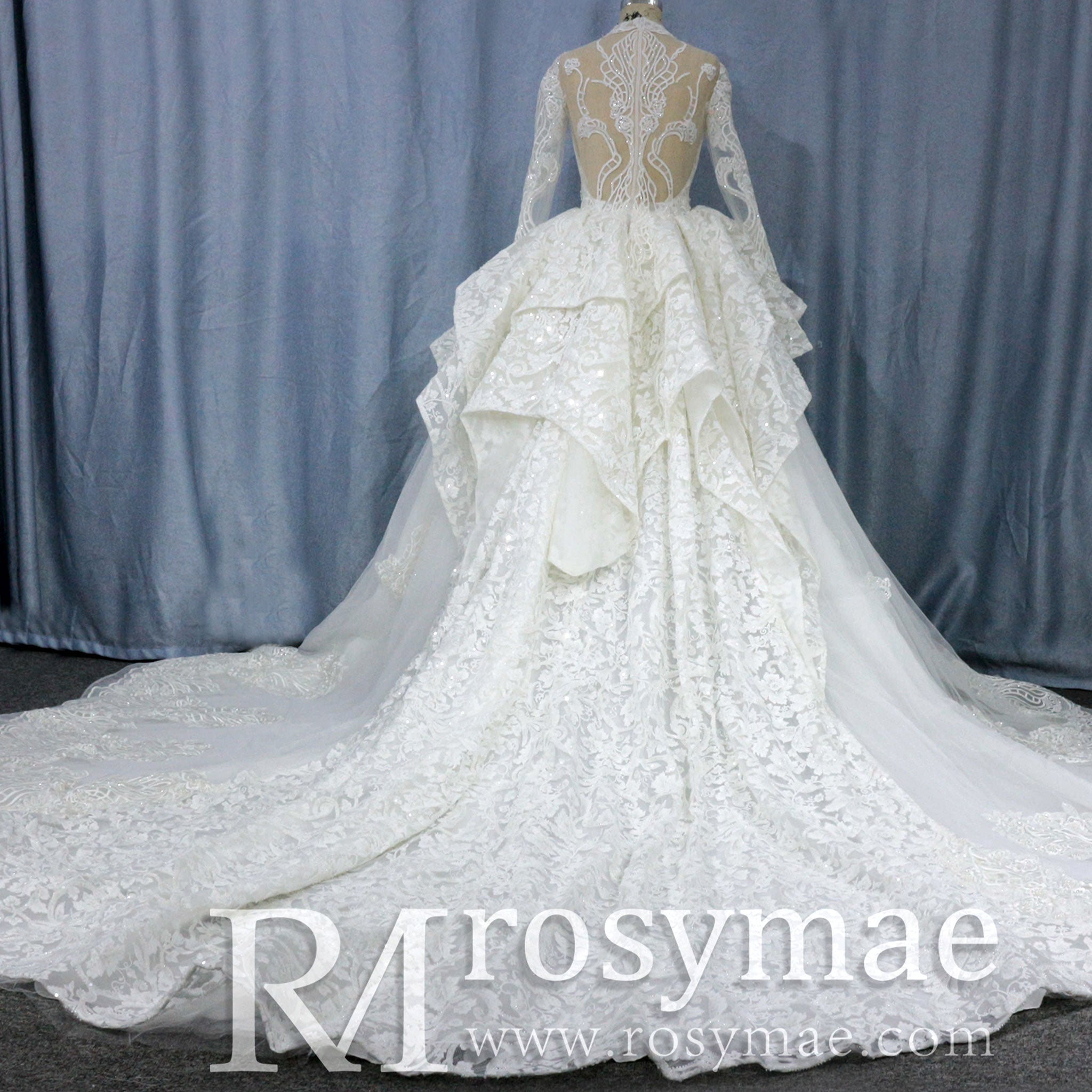 Lace Long Sleeves High Neck Ball Gown Wedding Dress - Rosymae