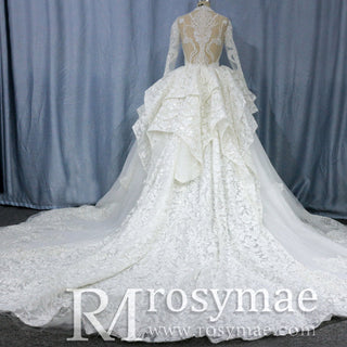 Lace Long Sleeves High Neck Ball Gown Wedding Dress - Rosymae