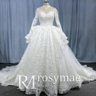 Lace Long Sleeves High Neck Ball Gown Wedding Dress - Rosymae